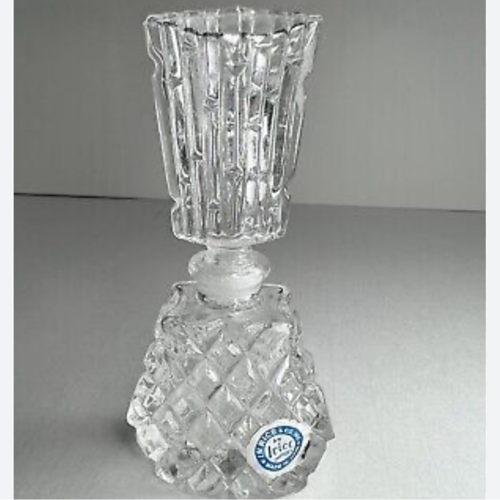 Vintage I.Rice Japan Diamond Cut Glass Perfume Bottle Stopper Art Deco Style 5”